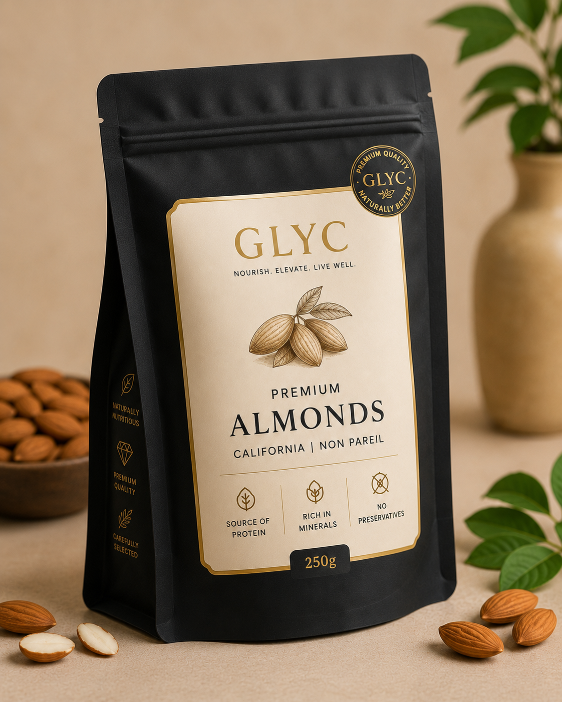 GLYC Premium Almonds angled pack with premium California almonds