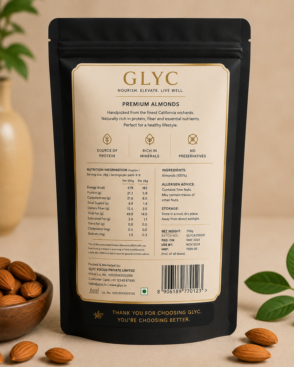 GLYC Premium Almonds back packaging with nutritional information
