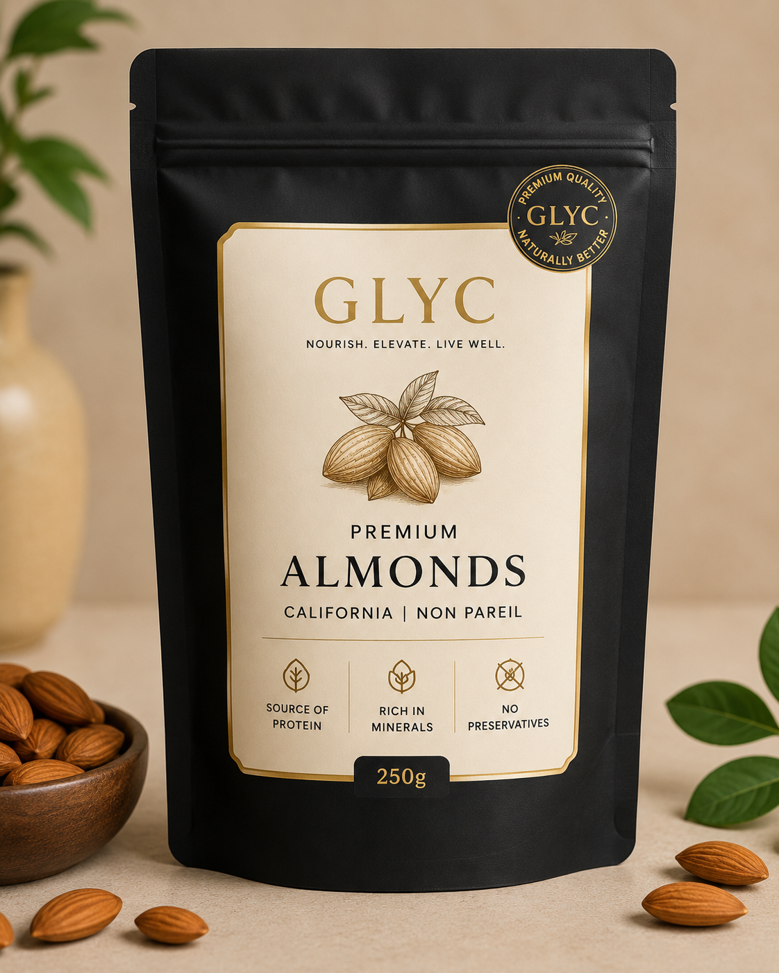 GLYC Premium Almonds front pack 250g